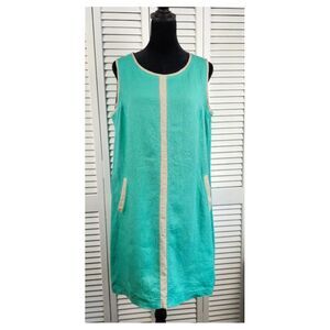 iLinen lifestyle Linen Sheath Dress Mint Leaf Metallic Strip Resort $278 Large
